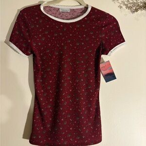 Y2K Floral Ribbed Tee Burgundy NWT-Medium